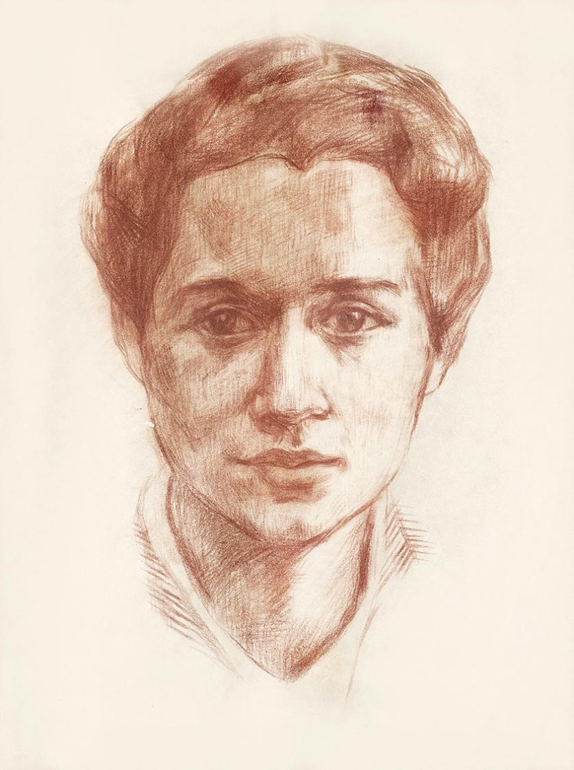 Alfred Wickenburg, Porträt Rena Mayer-Rieckh, 1940/1945, Rötel auf Papier, Blattmaße: 41 × 30,6 ...