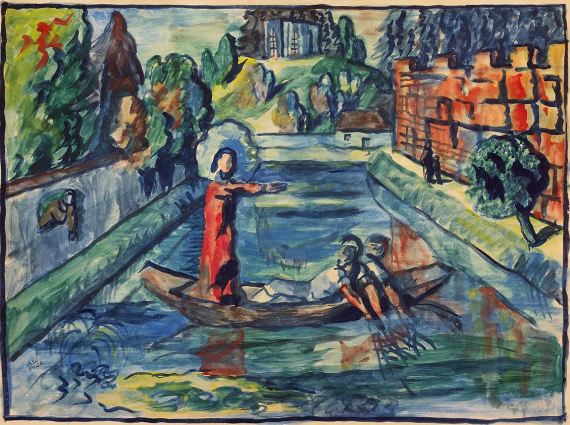 Alfred Wickenburg, Fischzug Petri, 1928, Aquarell auf Papier, Blattmaße: 47,8 × 63,5 cm, Privat ...
