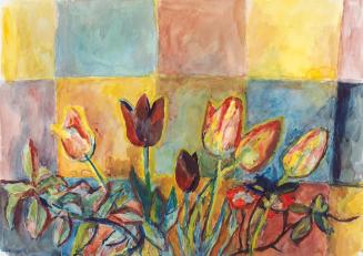 Alfred Wickenburg, Tulpen vor kariertem Hintergrund, 1928/1930, Aquarell auf Papier, Blattmaße: ...