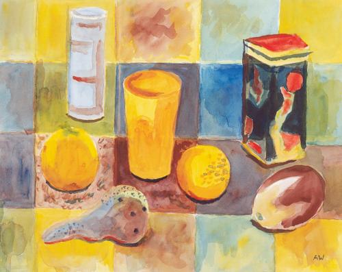 Alfred Wickenburg, Stillleben mit Gläsern, Dose und Früchten, 1933/1936, Aquarell auf Papier, L ...