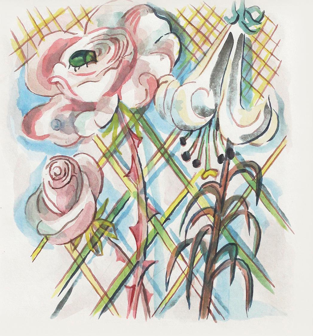 Alfred Wickenburg, Geschichte eines Gartens: Zwei Rosen und eine Lilie, 1945, Aquarell auf Papi ...