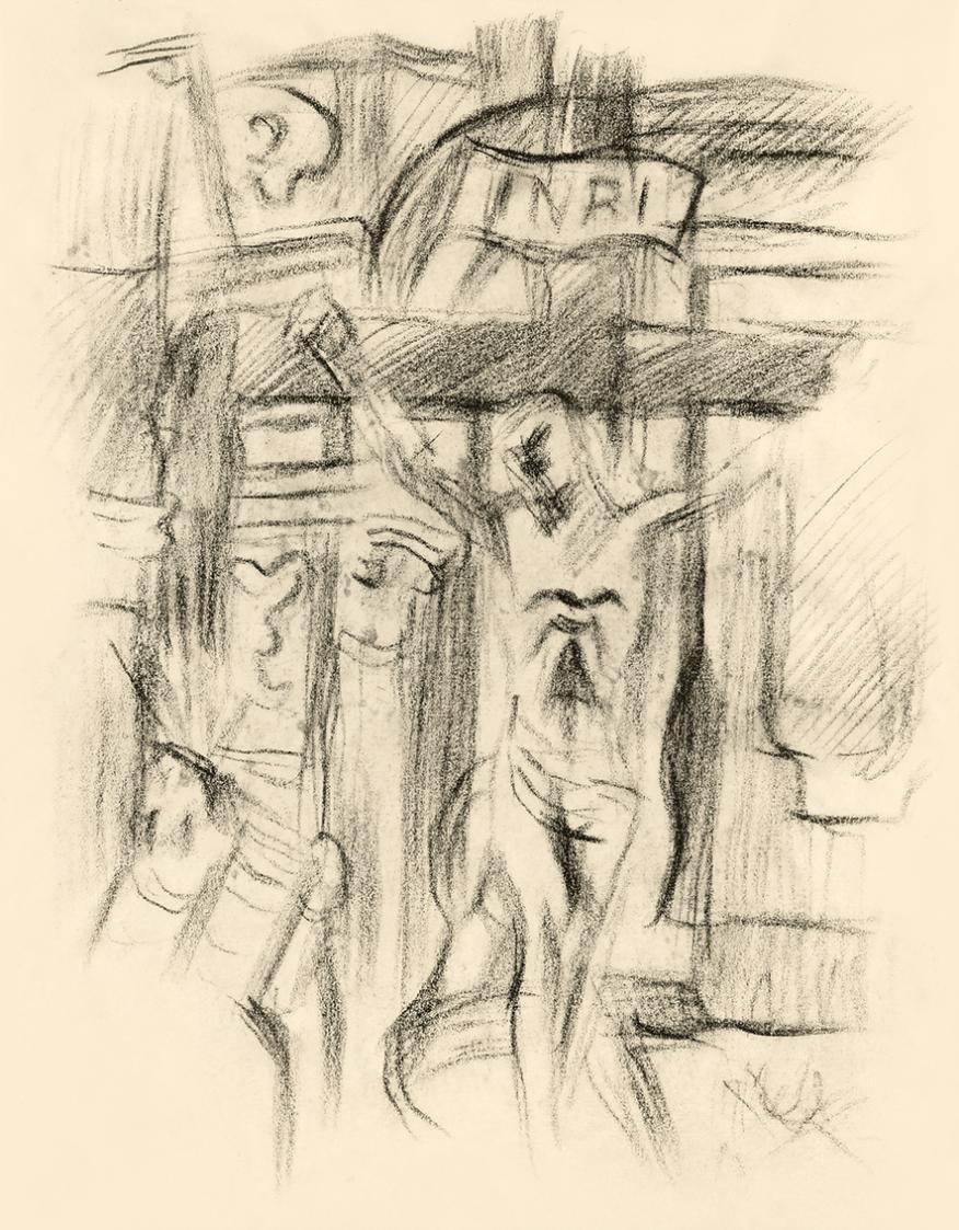 Alfred Wickenburg, Christus am Kreuz vor einer Architekur, 1950, Kohle auf Papier, Blattmaße: 1 ...