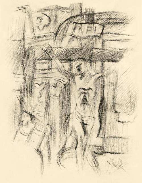 Alfred Wickenburg, Christus am Kreuz vor einer Architekur, 1950, Kohle auf Papier, Blattmaße: 1 ...