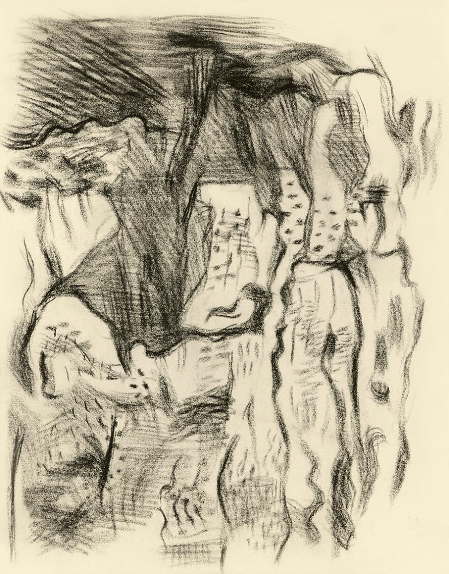 Alfred Wickenburg, Felsen, 1950, Kohle auf Papier, Blattmaße: 19,1 × 15 cm, Leihgabe aus Privat ...