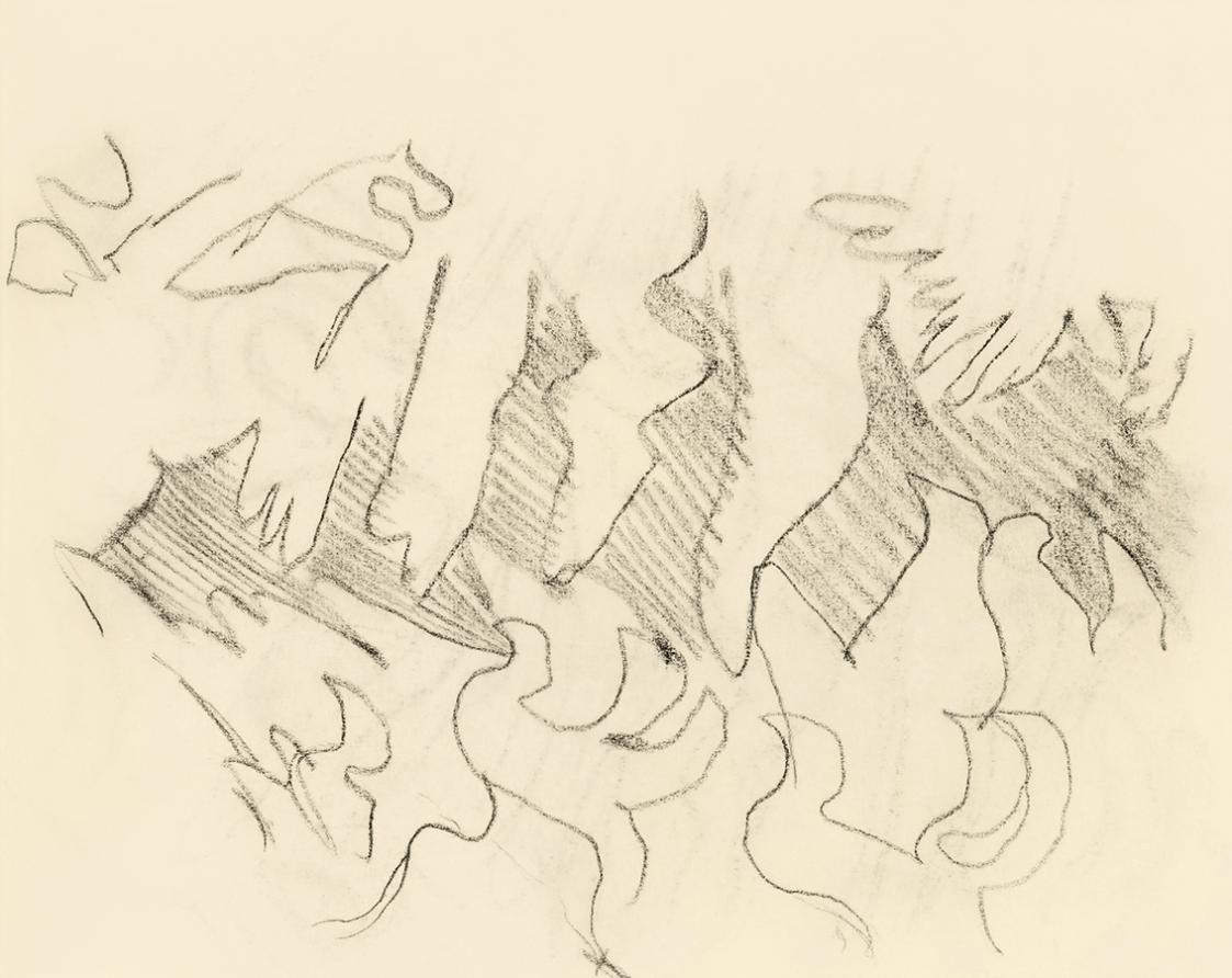 Alfred Wickenburg, Studie zu den Flächen geschwungener Blätter, 1950, Kohle auf Papier, Blattma ...
