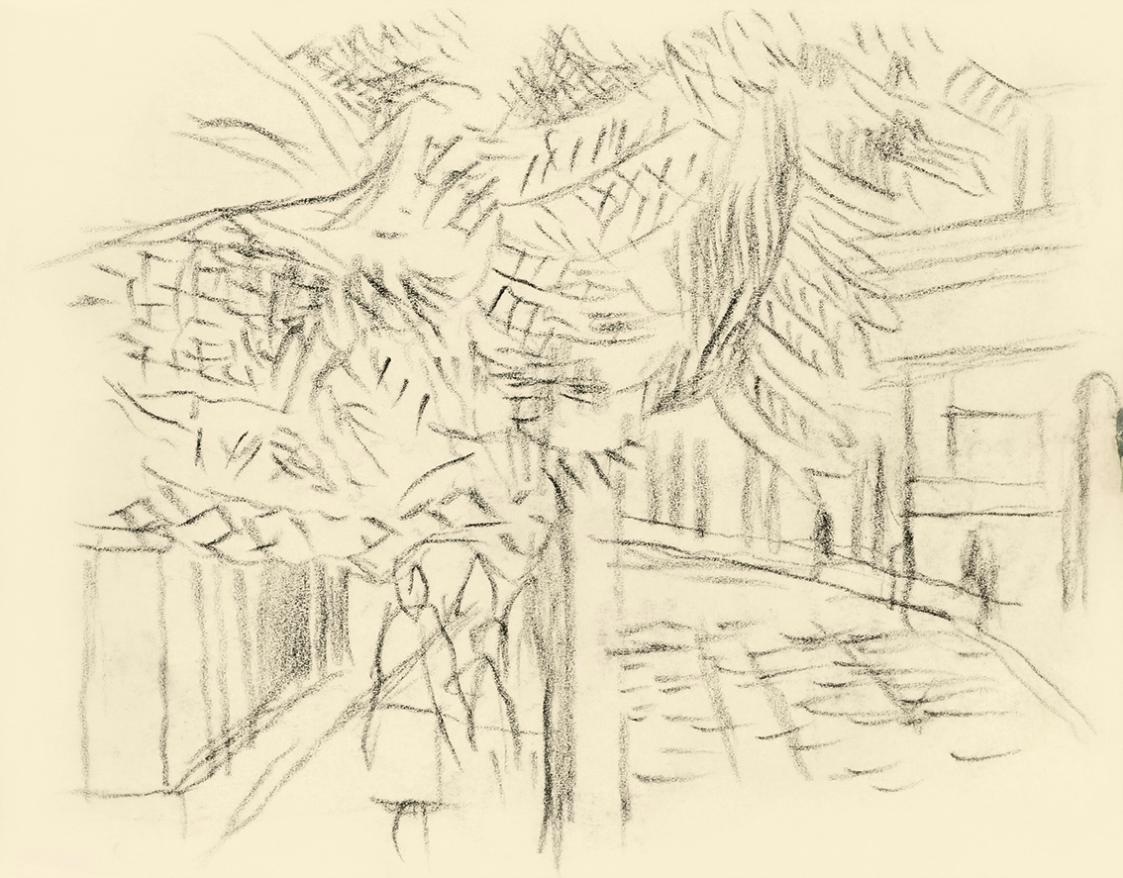 Alfred Wickenburg, Gasse mit Fußgängern und einem Baum, 1949, Kohle auf Transparentpapier, Blat ...