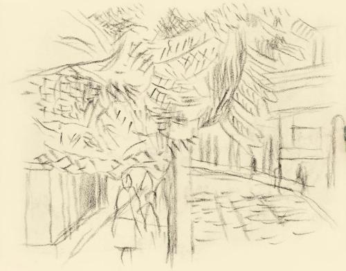 Alfred Wickenburg, Gasse mit Fußgängern und einem Baum, 1949, Kohle auf Transparentpapier, Blat ...