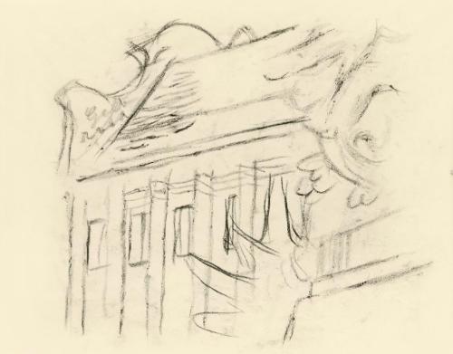 Alfred Wickenburg, Skizze der Seitenfassade der Basilika Mariatrost mit Bäumen, 1949, Kohle auf ...