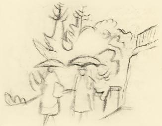 Alfred Wickenburg, Zwei Spaziergänger mit Schirmen, 1949, Kohle auf Transparentpapier, Blattmaß ...