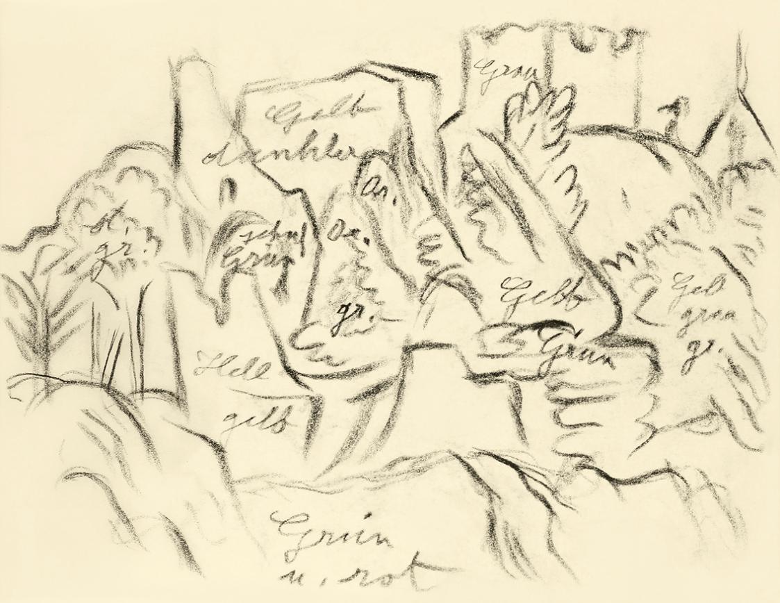 Alfred Wickenburg, Studie für das Gemälde "Ruine im Herbst" mit Farbnotizen, 1949, Kohle auf Tr ...