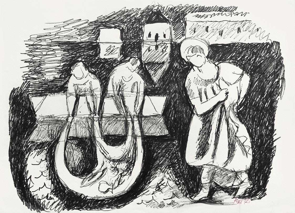 Alfred Wickenburg, Der Fischfang, 1972, Schwarzer Filzstift auf Papier, Blattmaße: 42 × 58 cm,  ...