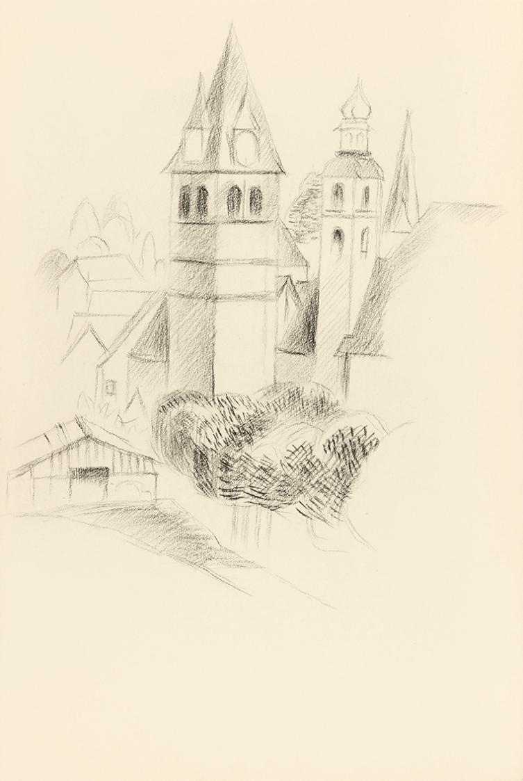 Alfred Wickenburg, Kirchtürme, 1943, Schwarze Kreide auf Papier, Blattmaße: 28 × 19 cm, Leihgab ...