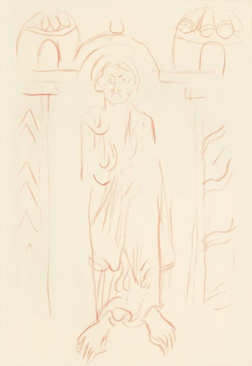 Alfred Wickenburg, Figur in einer Wandnische, um 1945, Rote Kreide auf Transparentpapier, Blatt ...