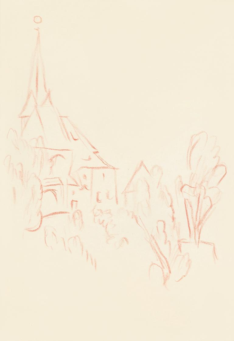 Alfred Wickenburg, Kirche in Landschaft, um 1945, Rote Kreide auf Transparentpapier, Blattmaße: ...