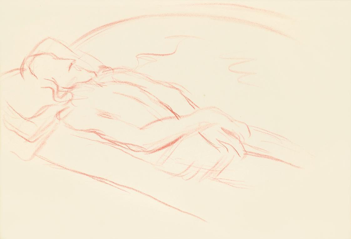 Alfred Wickenburg, Liegende männliche Figur, um 1945, Rote Kreide auf Transparentpapier, Blattm ...