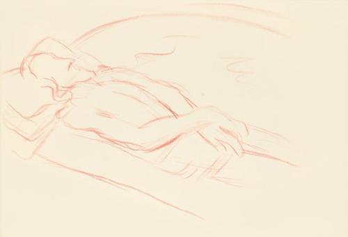 Alfred Wickenburg, Liegende männliche Figur, um 1945, Rote Kreide auf Transparentpapier, Blattm ...