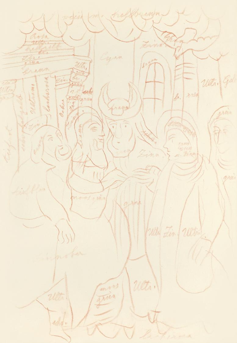 Alfred Wickenburg, Studie mit Farbnotizen für das Gemälde "Sposalizio", 1942, Rötel auf Papier, ...