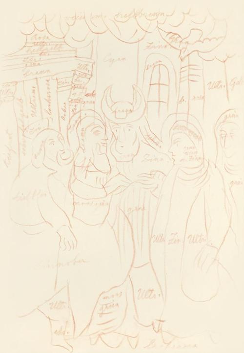 Alfred Wickenburg, Studie mit Farbnotizen für das Gemälde "Sposalizio", 1942, Rötel auf Papier, ...