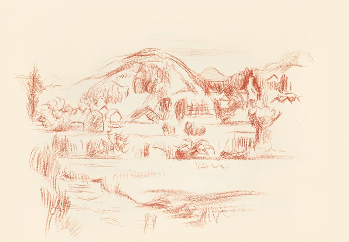 Alfred Wickenburg, Berglandschaft, 1944, Rötel auf Papier, Blattmaße: 22,8 × 32 cm, Leihgabe au ...