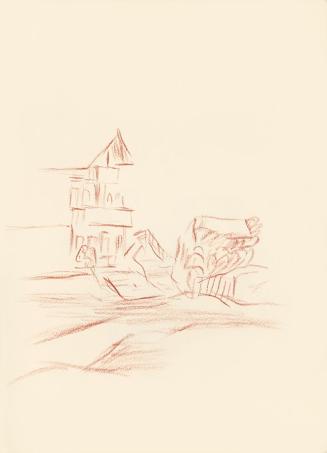 Alfred Wickenburg, Unvollendete Skizze eines Hauses in einer Lanschaft, 1943, Rötel auf Papier, ...