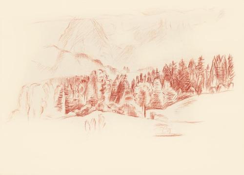 Alfred Wickenburg, Waldstück vor Bergen, 1943, Rötel auf Papier, Blattmaße: 23 × 31,9 cm, Leihg ...