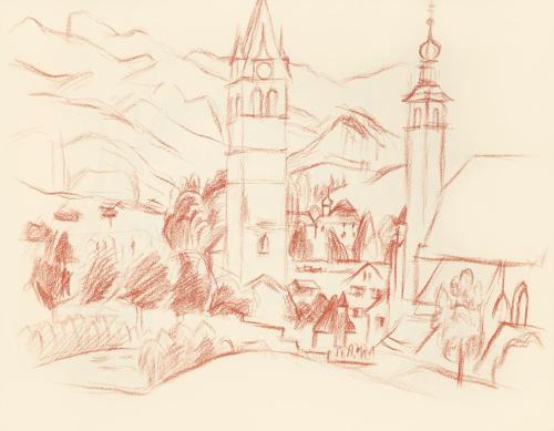 Alfred Wickenburg, Ansicht auf Stadtpfarrkirche und Liebfrauenkirche in Kitzbühel, 1943, Rötel  ...