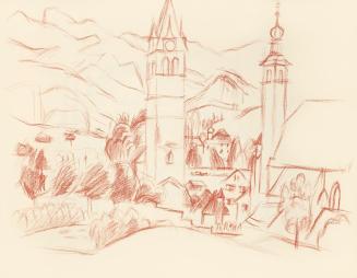 Alfred Wickenburg, Ansicht auf Stadtpfarrkirche und Liebfrauenkirche in Kitzbühel, 1943, Rötel  ...