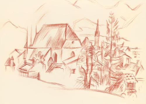 Alfred Wickenburg, Blick auf Kitzbühel mit der Stadtpfarrkirche St. Andreas, 1943, Rötel auf Pa ...