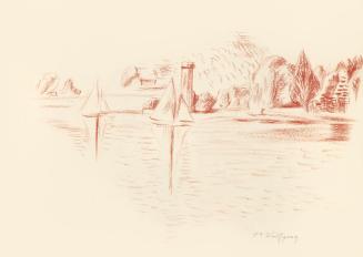Alfred Wickenburg, Wolfgangsee mit Seegelbooten, 1943, Rötel auf Papier, Blattmaße: 23 × 31,9 c ...
