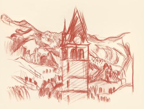 Alfred Wickenburg, Turm der Liebfrauenkirche in Kitzbühel, 1943, Rötel auf Papier, Blattmaße: 2 ...