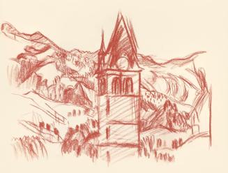 Alfred Wickenburg, Turm der Liebfrauenkirche in Kitzbühel, 1943, Rötel auf Papier, Blattmaße: 2 ...