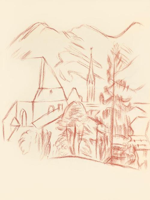 Alfred Wickenburg, Ausschnitt der Stadtpfarrkirche St. Andreas in Kitzbühel und Berge, 1943, Rö ...