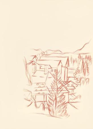Alfred Wickenburg, Blick auf Häuser, 1943, Rötel auf Papier, Blattmaße: 31,9 × 23 cm, Leihgabe  ...