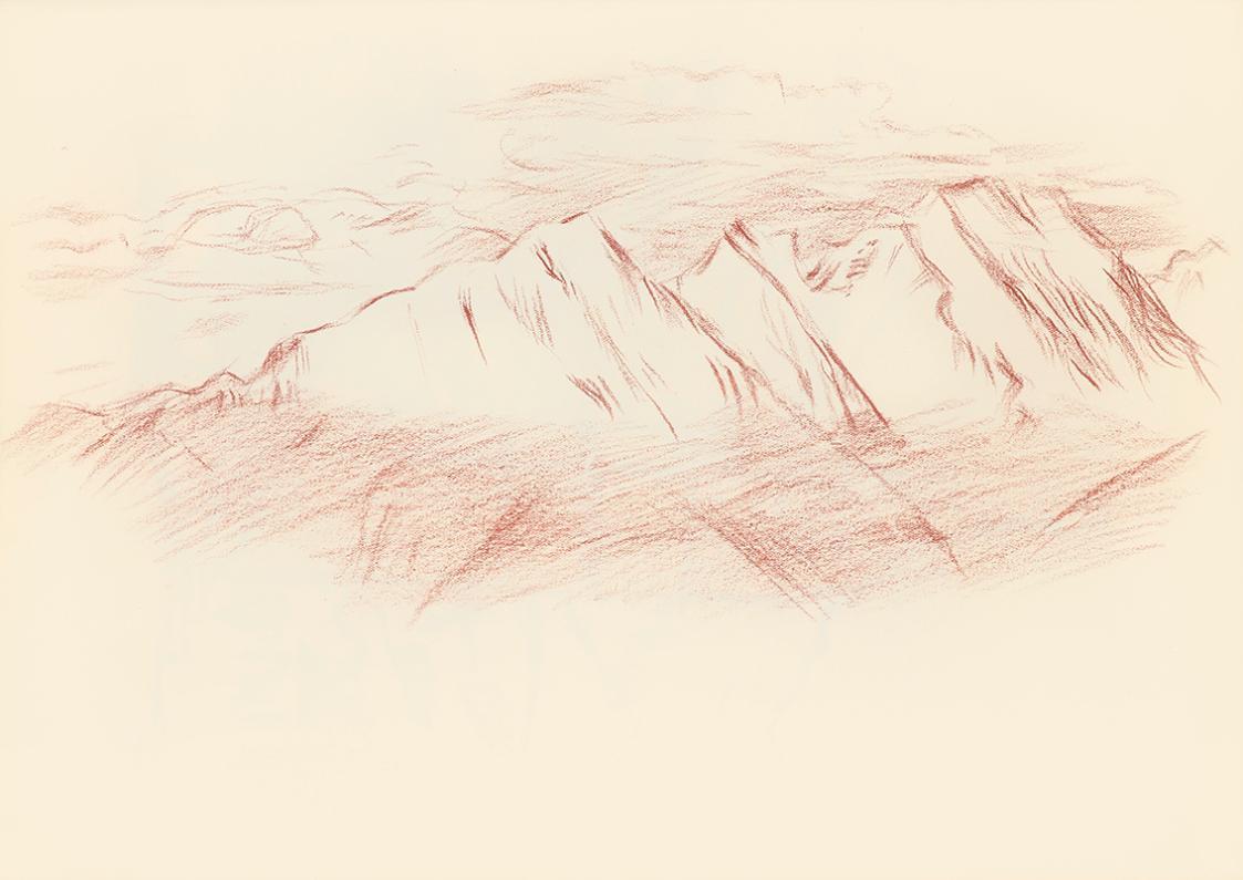 Alfred Wickenburg, Berglandschaft, 1943, Rötel auf Papier, Blattmaße: 23 × 31,9 cm, Leihgabe au ...