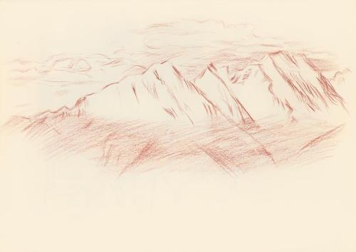Alfred Wickenburg, Berglandschaft, 1943, Rötel auf Papier, Blattmaße: 23 × 31,9 cm, Leihgabe au ...