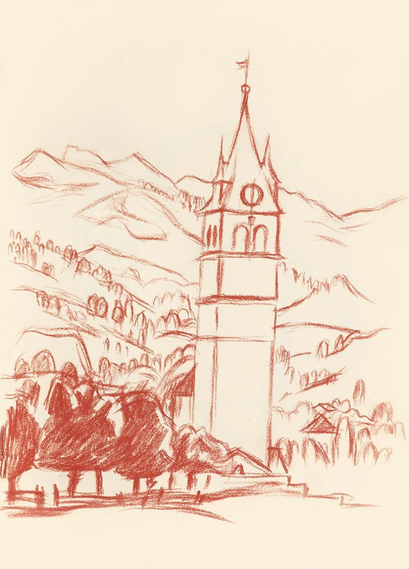 Alfred Wickenburg, Liebfrauenkirche in Kitzbühel, 1943, Rötel auf Papier, Blattmaße: 31,9 × 23  ...