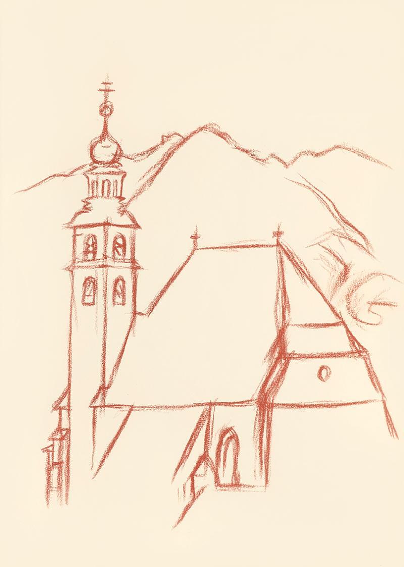 Alfred Wickenburg, Stadtpfarrkirche St. Andreas in Kitzbühel, 1943, Rötel auf Papier, Blattmaße ...