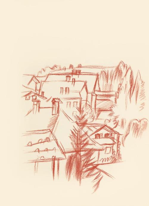 Alfred Wickenburg, Häuser und Bäume, 1943, Rötel auf Papier, Blattmaße: 31,9 × 23 cm, Leihgabe  ...