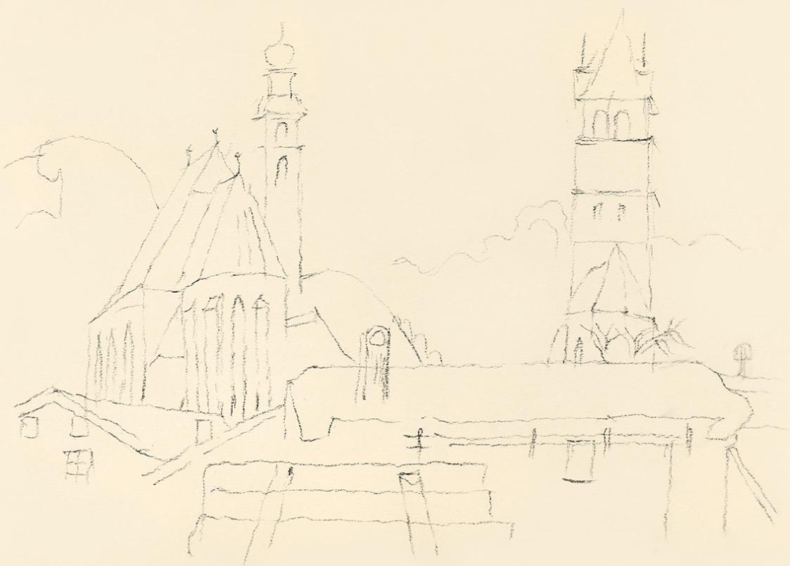 Alfred Wickenburg, Kirche, Turm und Dächer, um 1950, Kohle auf Papier, Blattmaße: 21 × 29,7 cm, ...