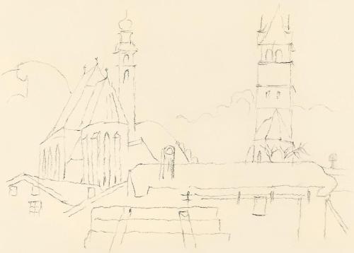 Alfred Wickenburg, Kirche, Turm und Dächer, um 1950, Kohle auf Papier, Blattmaße: 21 × 29,7 cm, ...