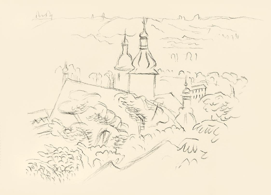 Alfred Wickenburg, Kirche und Landschaft von einem erhöhten Standpunkt aus skizziert, um 1950,  ...