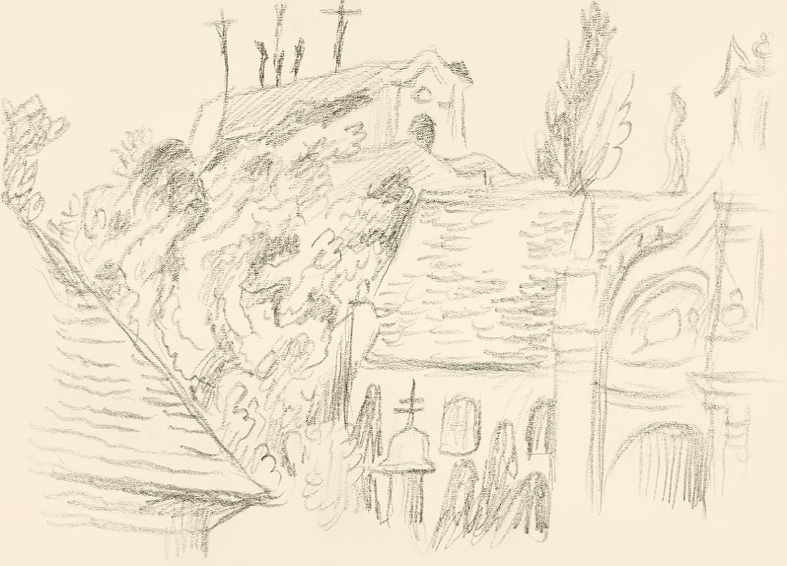 Alfred Wickenburg, Kirche von Bäumen umgeben, 1939/1944, Graphit auf Papier, Blattmaße: 21 × 29 ...