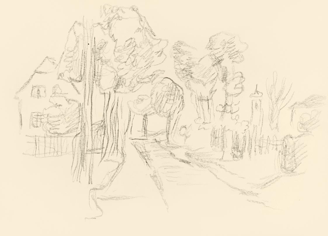 Alfred Wickenburg, Straße mit Bäumen und einem Haus, 1939/1944, Graphit auf Papier, Blattmaße:  ...
