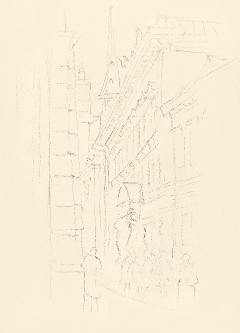 Alfred Wickenburg, Blick in eine Gasse mit Fußgängern, 1939/1944, Graphit auf Papier, Blattmaße ...