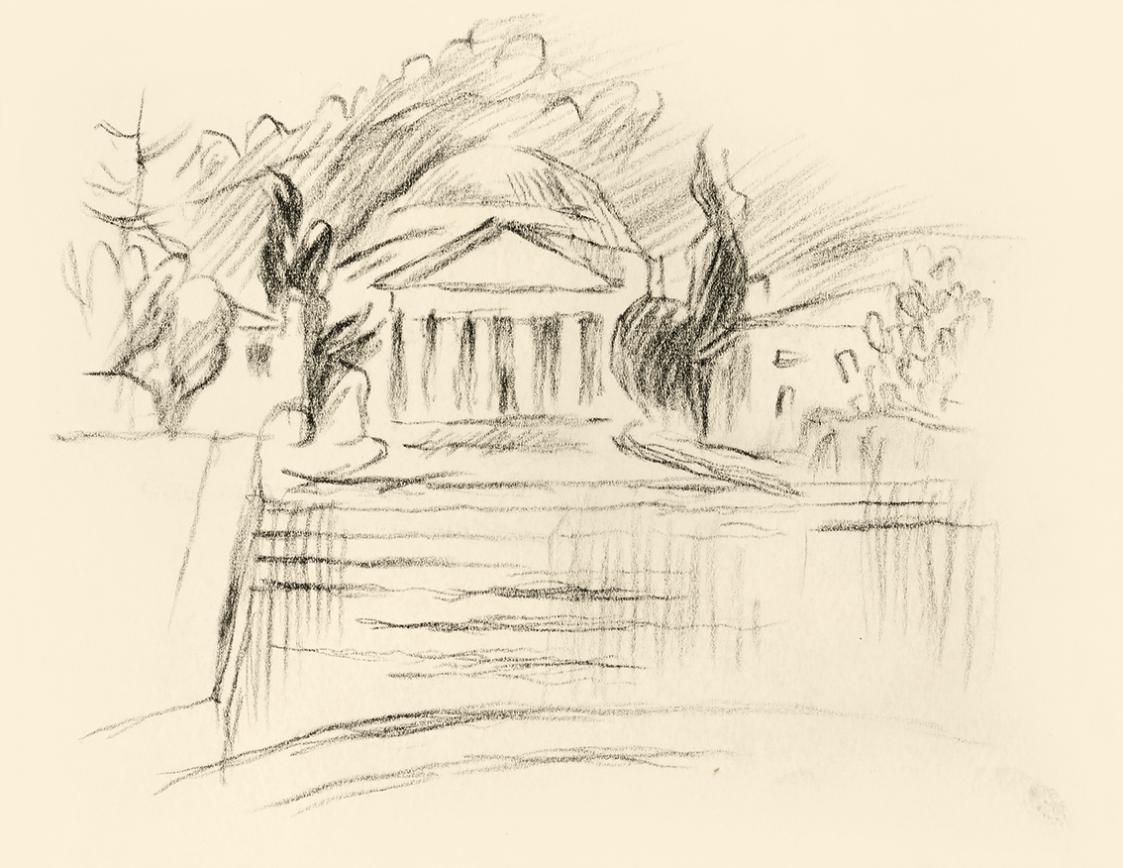 Alfred Wickenburg, Tempel auf einer Anhöhe, um 1960, Kohle auf Transparentpapier, Blattmaße: 14 ...