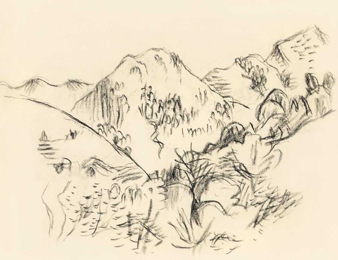 Alfred Wickenburg, Hügellandschaft, um 1960, Kohle auf Transparentpapier, Blattmaße: 14,5 × 19, ...