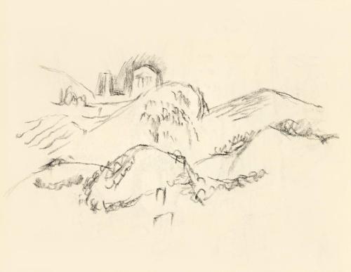 Alfred Wickenburg, Hügellandschaft, um 1960, Kohle auf Transparentpapier, Blattmaße: 14,5 × 19, ...