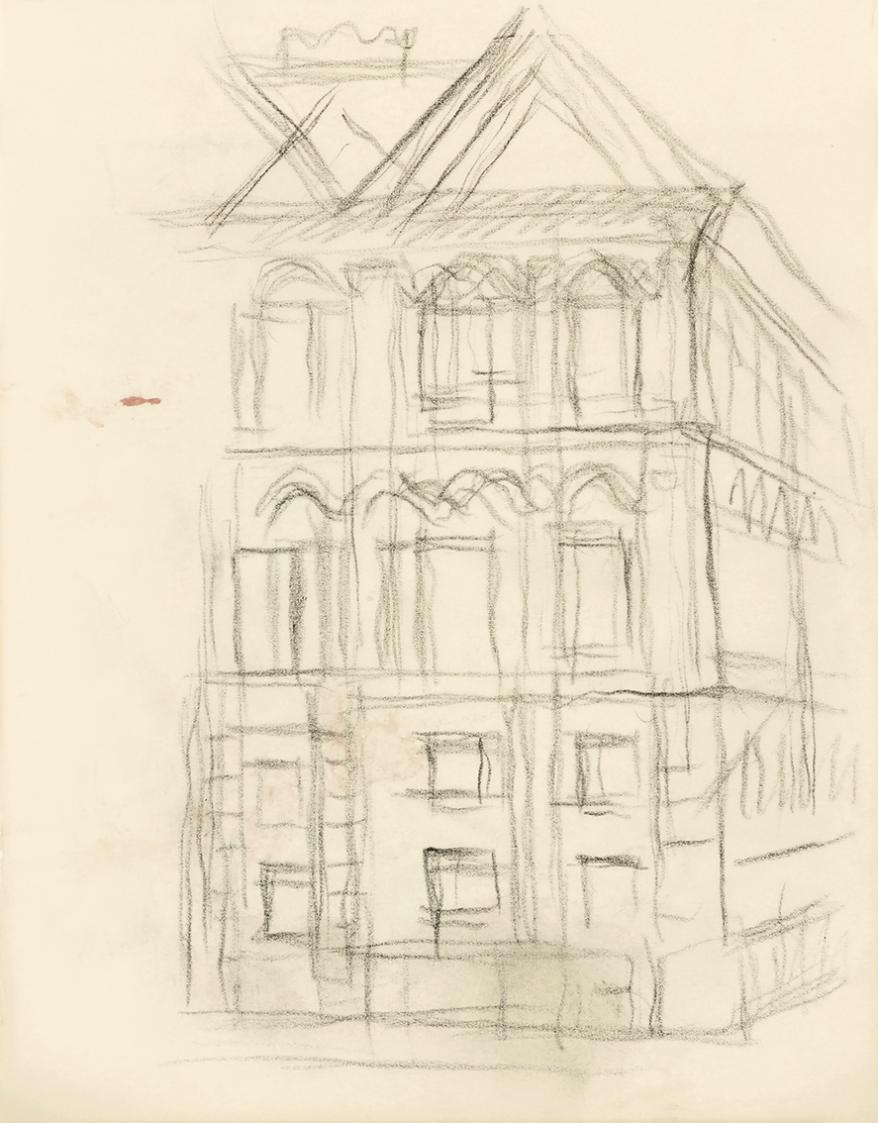 Alfred Wickenburg, Studie für das Wandbild "An der Hüfte des Engels": Fassade eines Hauses, um  ...