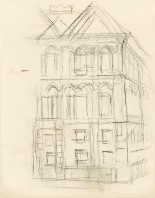 Alfred Wickenburg, Studie für das Wandbild "An der Hüfte des Engels": Fassade eines Hauses, um  ...