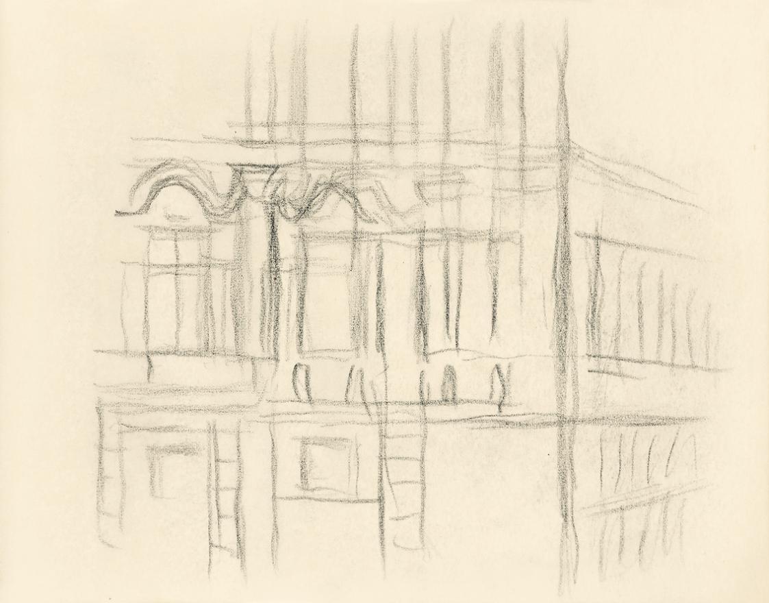 Alfred Wickenburg, Studie für das Wandbild "An der Hüfte des Engels": Detail einer Hausfassade, ...